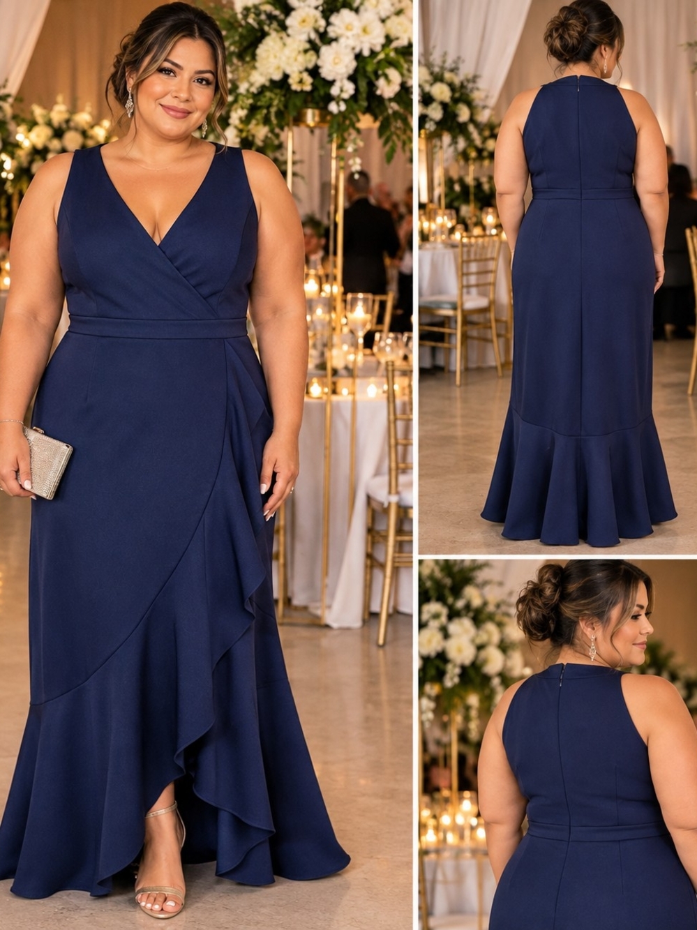 Navy V-Neck Ruffle Maxi Dress Weddings Formal Event Mother Of The Bride Plus Siz